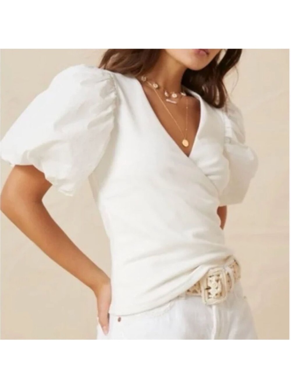 Maeve Anthropologie White V-Neck Short Puff-Sleeve Wrap Size Large